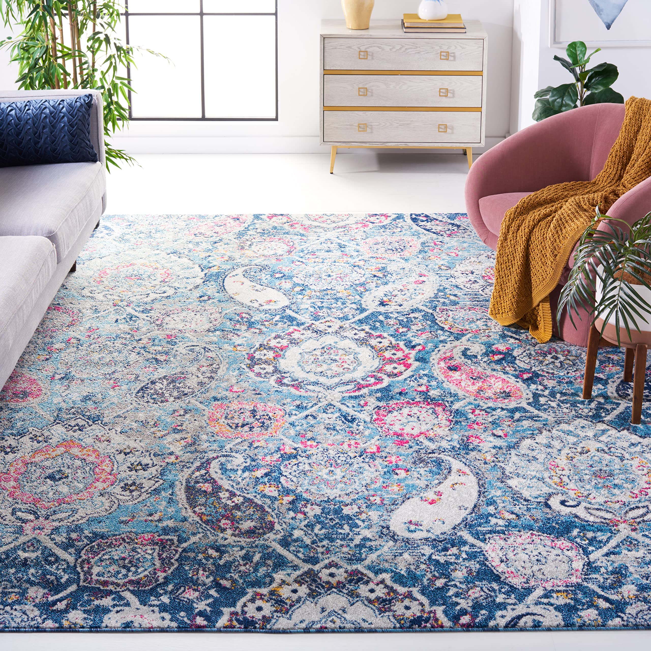 SAFAVIEH Madison Collection Area Rug - 8' x 10', Blue & Grey, Boho Chic Glam Paisley Design, Non-Shedding & Easy Care, Ideal for